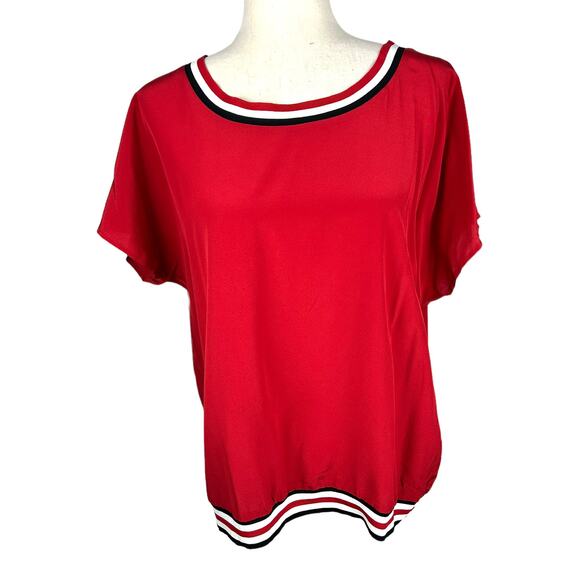 Claudia Strater Amsterdam 100% Silk Red Top Black Red White Detail Size M EUC - Picture 1 of 5